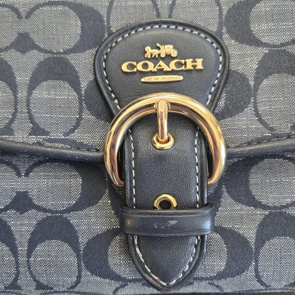 Coach Navy Signature Canvas Crossbody with Tan Leather Trim - Picture 3 of 14